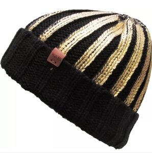 K&B Metallic Gold Black Ribbed Cuffed Knit Beanie Skull Cap Hat